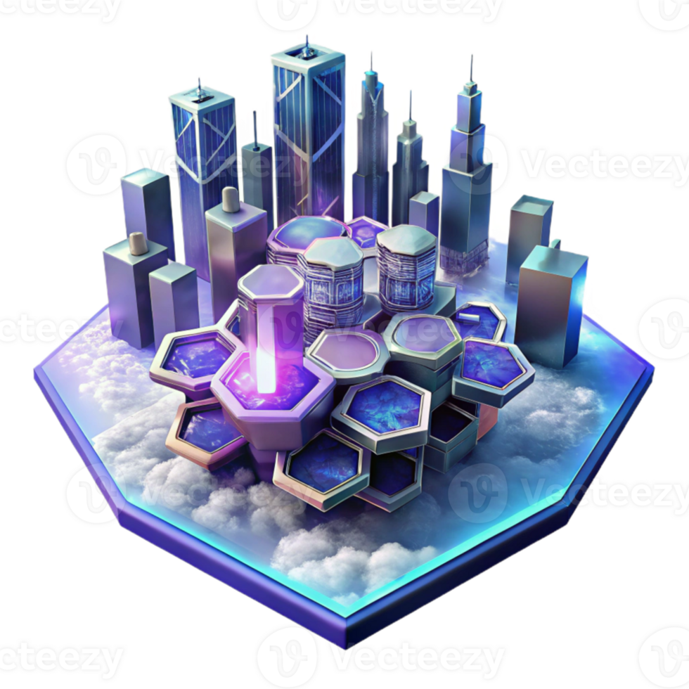 vibrant rustic A futuristic city built on interconnected hexagonal platforms floating above a swirling nebula, vibrant neon lights reflecting on polished metallic surfaces, cyberpunk style 4K png