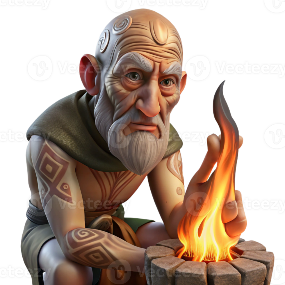 stunning rustic Portrait of a wizened old man with intricate tribal tattoos covering his face, lit by the warm glow of a campfire, rendered in a hyperrealistic digital painting style detailed png