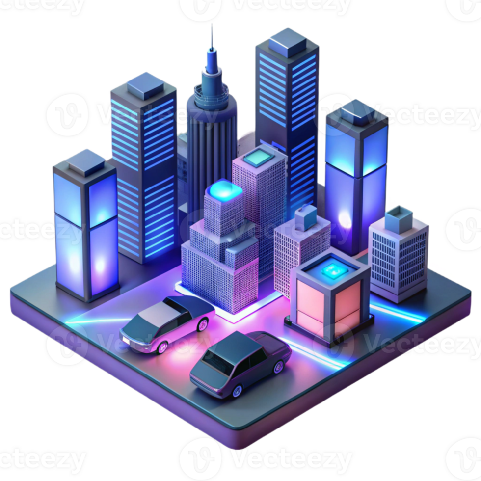 serene rustic A futuristic cityscape at night, flying cars zipping between skyscrapers, neon signs illuminating the scene, cyberpunk style, isometric view authentic png