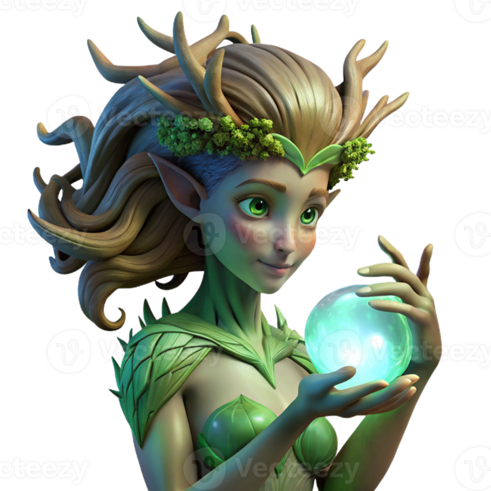 dramatic modern A delicate dryad with bark-like skin and flowing moss hair, cradling a glowing crystal orb, surrounded by bioluminescent fungi. Soft lighting, ethereal style genuine png