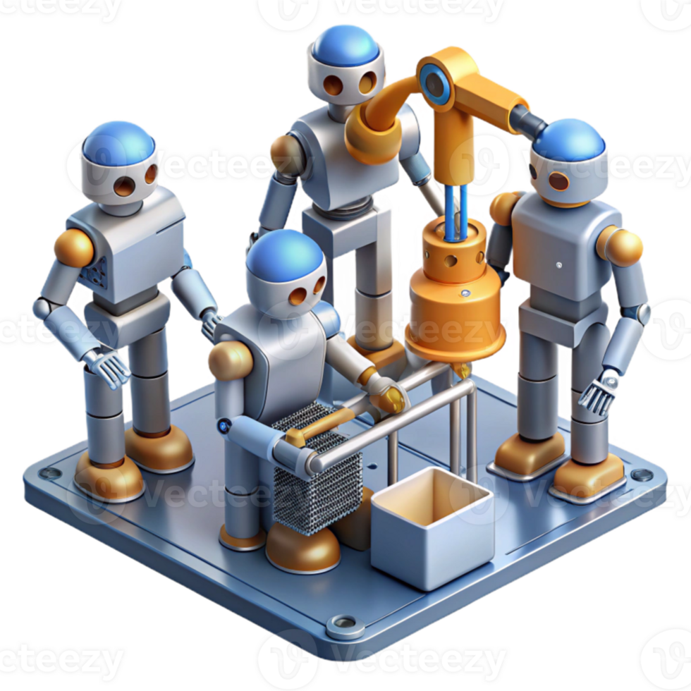 beautiful minimalist A group of robots collaborating on a complex engineering project, industrial setting, realistic lighting high resolution png