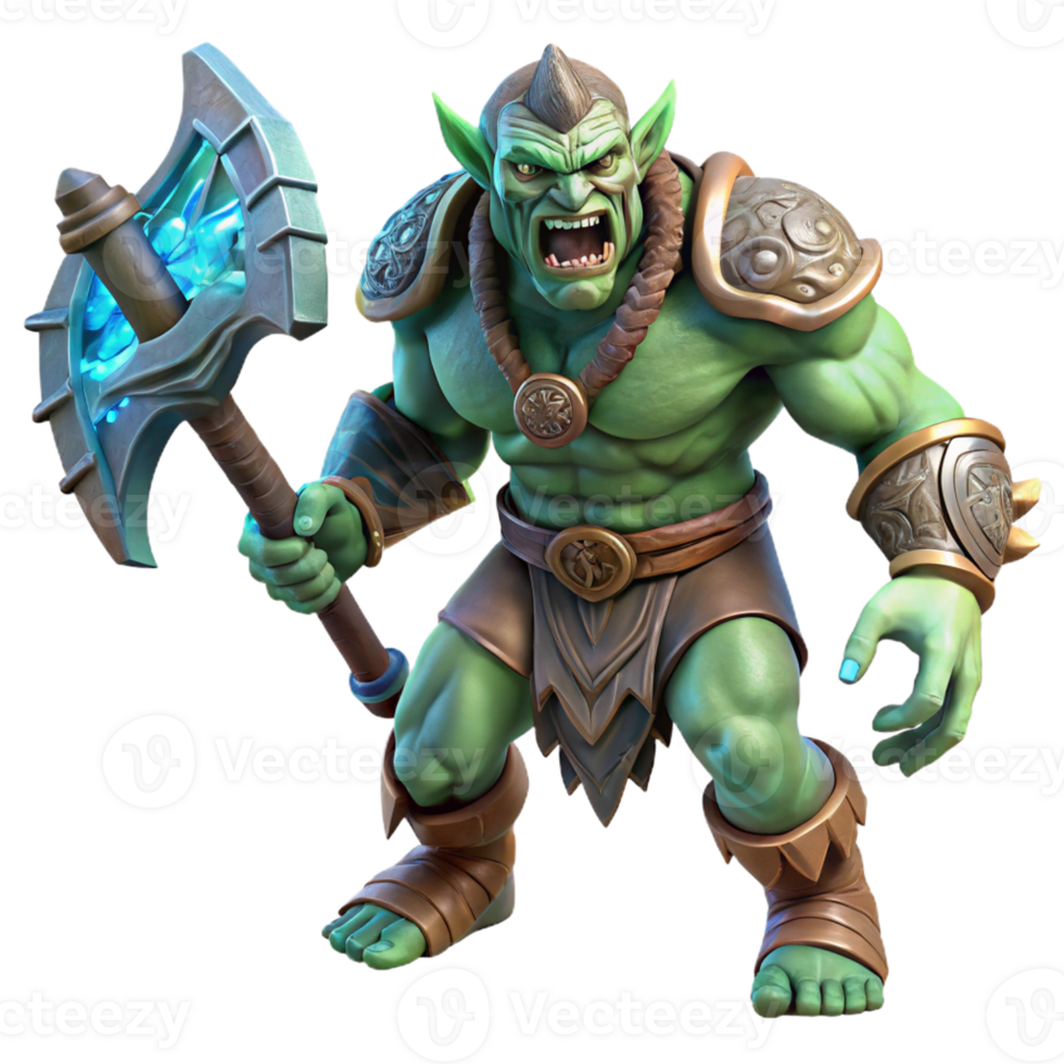 beautiful modern A fierce, tribal orc warrior wielding a glowing rune-etched axe, with intricate war paint, in a dynamic, action pose. Dramatic, chiaroscuro lighting. Comic book style 4K png