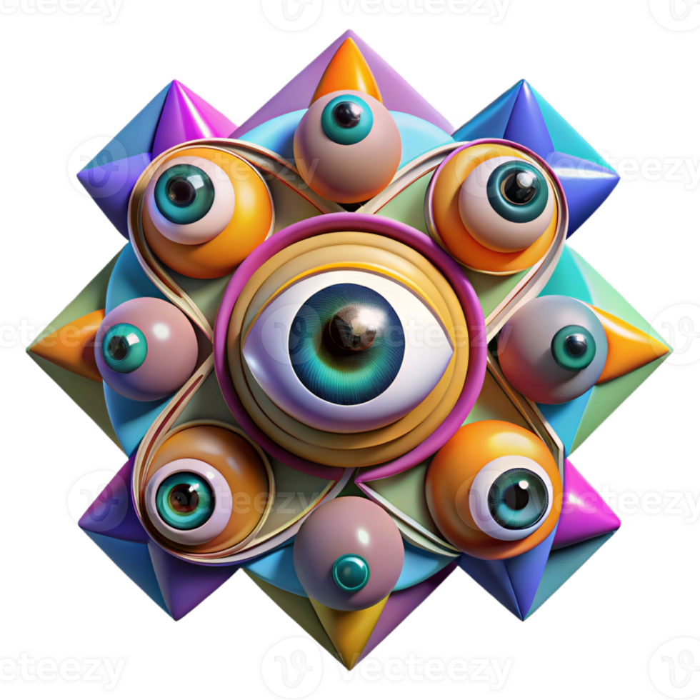 wonderful creative A kaleidoscope of eyes looking in different directions, surrounded by vibrant geometric patterns, in an abstract art style, detailed png