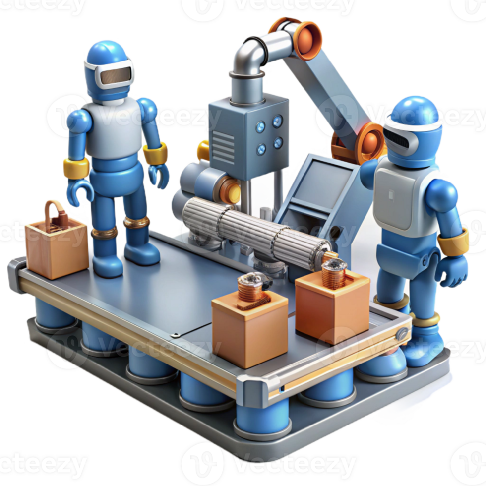 elegant vintage A group of robots working in a factory, industrial setting, realistic style detailed png