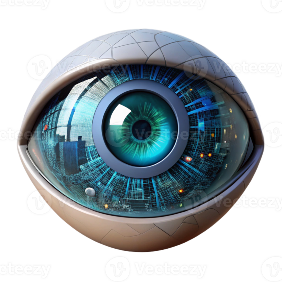 magnificent modern A close-up of a cyborg eye, glowing with intricate circuitry, reflecting a digital cityscape, hyperrealistic, dark and moody lighting high resolution png