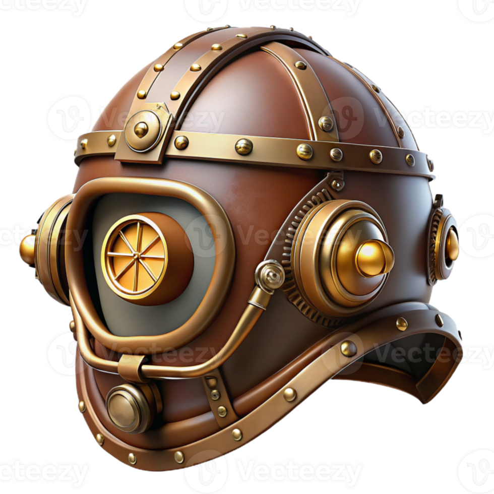 wonderful artistic A detailed illustration of a steampunk helmet with intricate brass and leather details, bright, studio lighting exclusive png