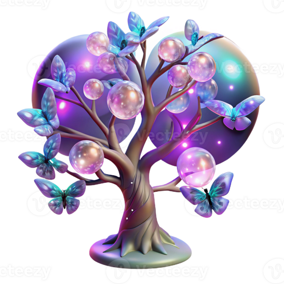 serene rustic A fractal tree with branches made of lightning and leaves of iridescent butterflies, illuminated by a full moon, in a psychedelic art style, premium png