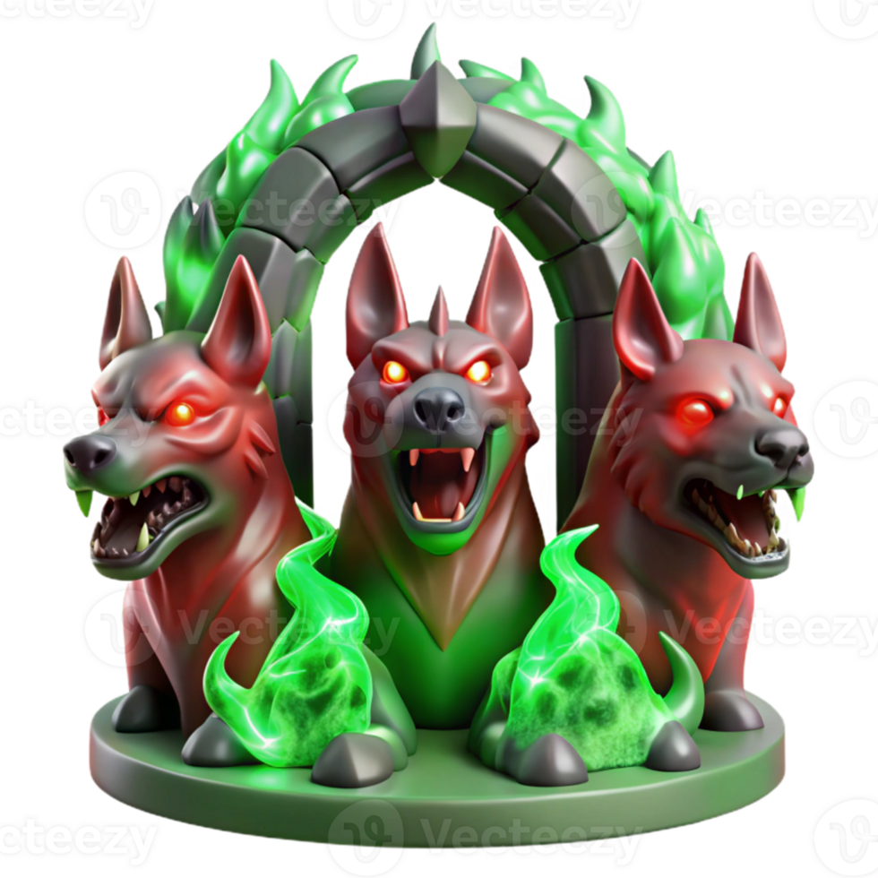 elegant artistic A three-headed Cerberus, each head a different shade of fiery red, guarding a gate of polished obsidian, illuminated by ethereal green flames. Dark fantasy style original png