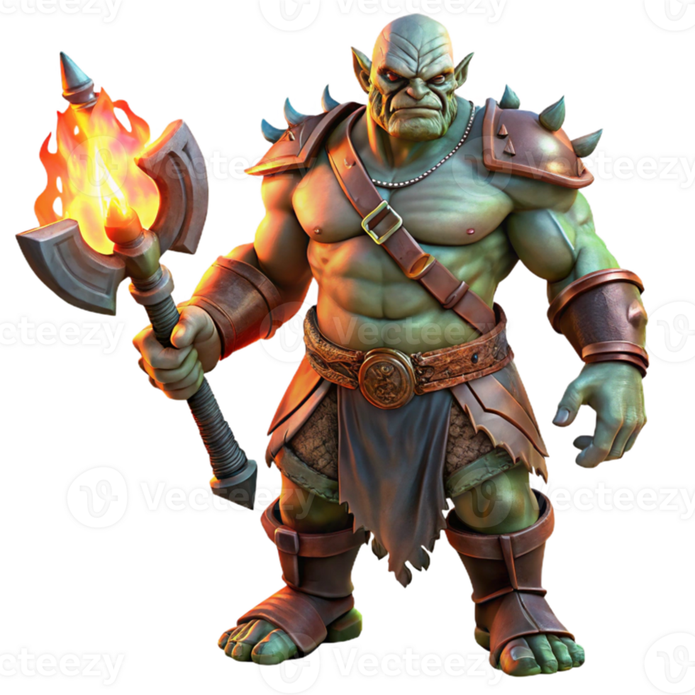 dramatic traditional A fearsome orc chieftain with intricate tribal tattoos, wielding a glowing obsidian axe, lit by flickering torchlight. Dark fantasy style, realistic rendering exclusive png