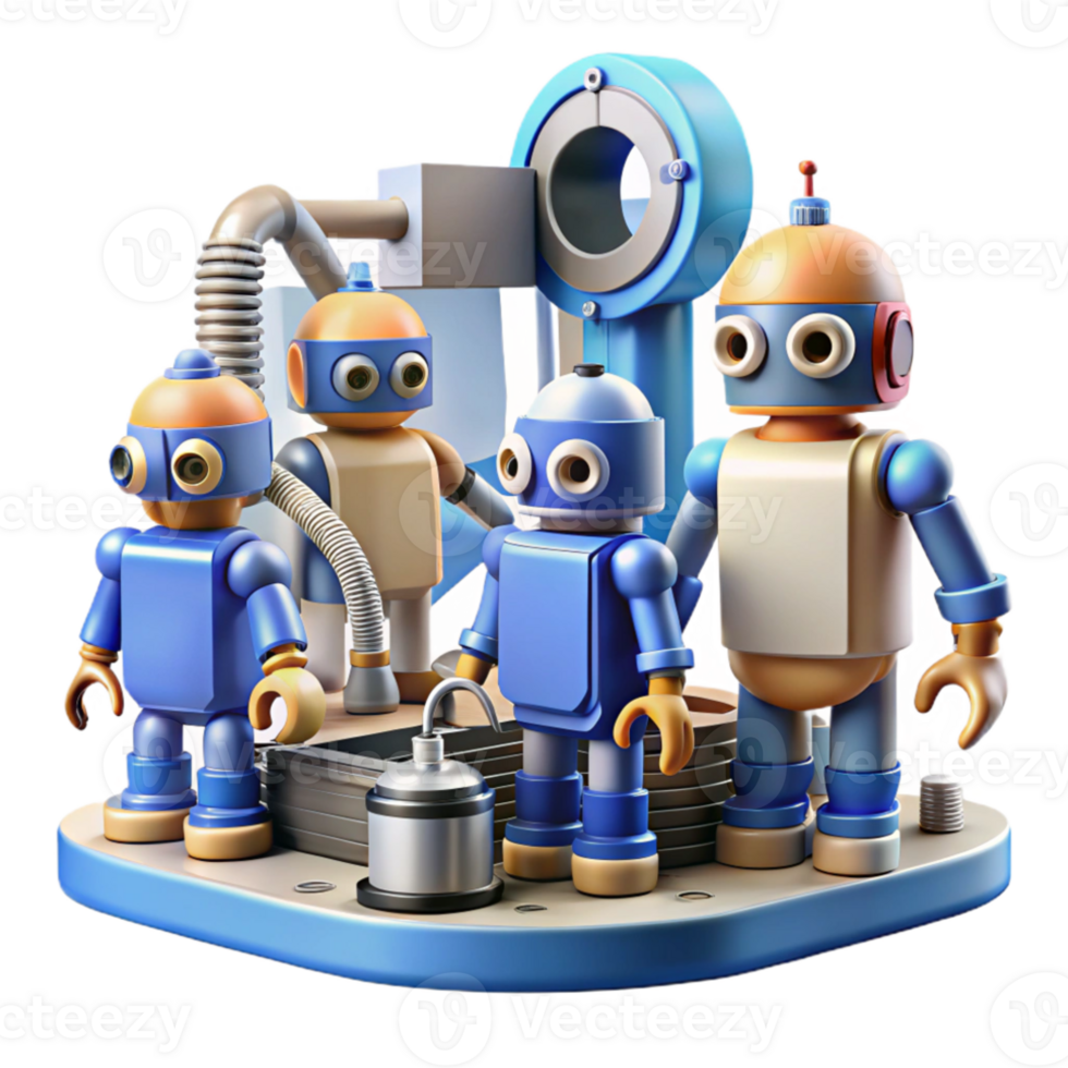 extraordinary modern A group of robots, with diverse designs and functions, work together in a futuristic factory. Industrial lighting detailed png