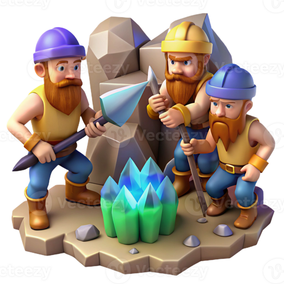 elegant minimalist A group of adventurous dwarves mining for gems in a cavern, lit by glowing crystals. Realistic style exclusive png