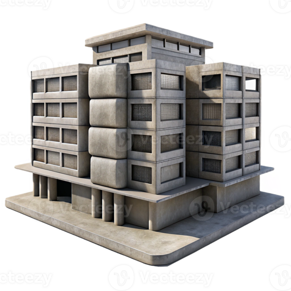 impressive abstract Brutalist concrete apartment complex, repetitive modular elements, harsh shadows, midday lighting, photorealistic style high quality png