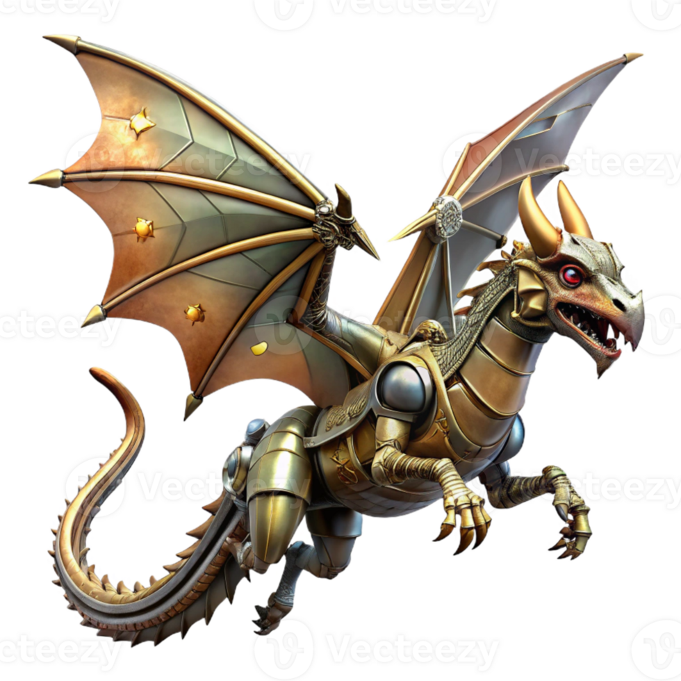 magnificent modern A steampunk-inspired mechanical dragon soaring through the sky. Dynamic, action lighting. Fantasy art style exclusive png
