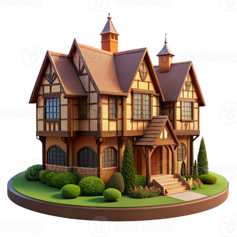 beautiful contemporary Tudor-style mansion, half-timbered facade, manicured gardens, warm afternoon light genuine png
