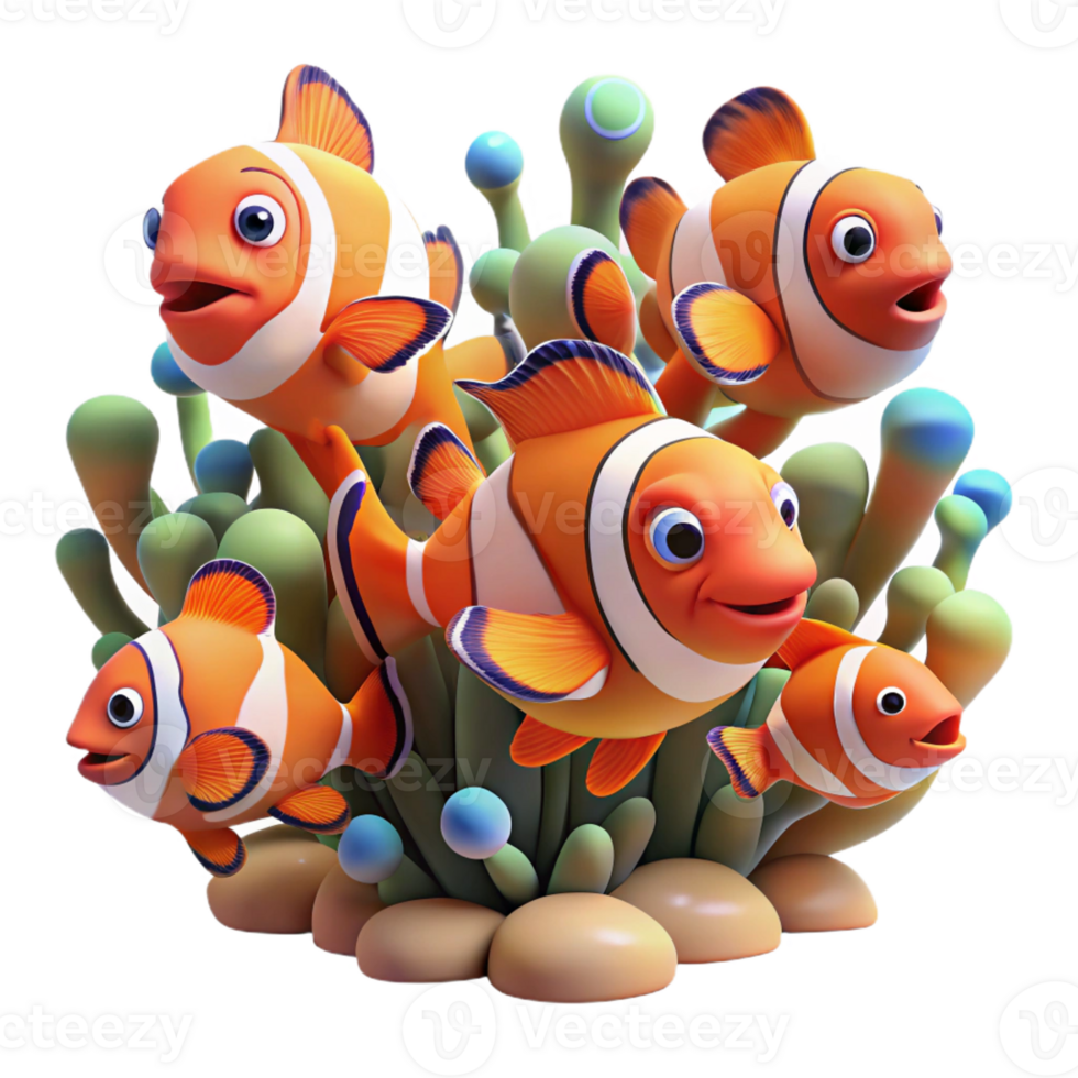 magnificent rustic A school of vibrant clownfish darting through a coral reef teeming with life, dappled sunlight filtering through the water, Pixar style professional png