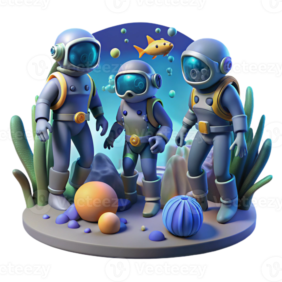 beautiful modern A group of space explorers in futuristic diving suits explores the depths of an alien ocean. Underwater lighting, exploratory style high quality png