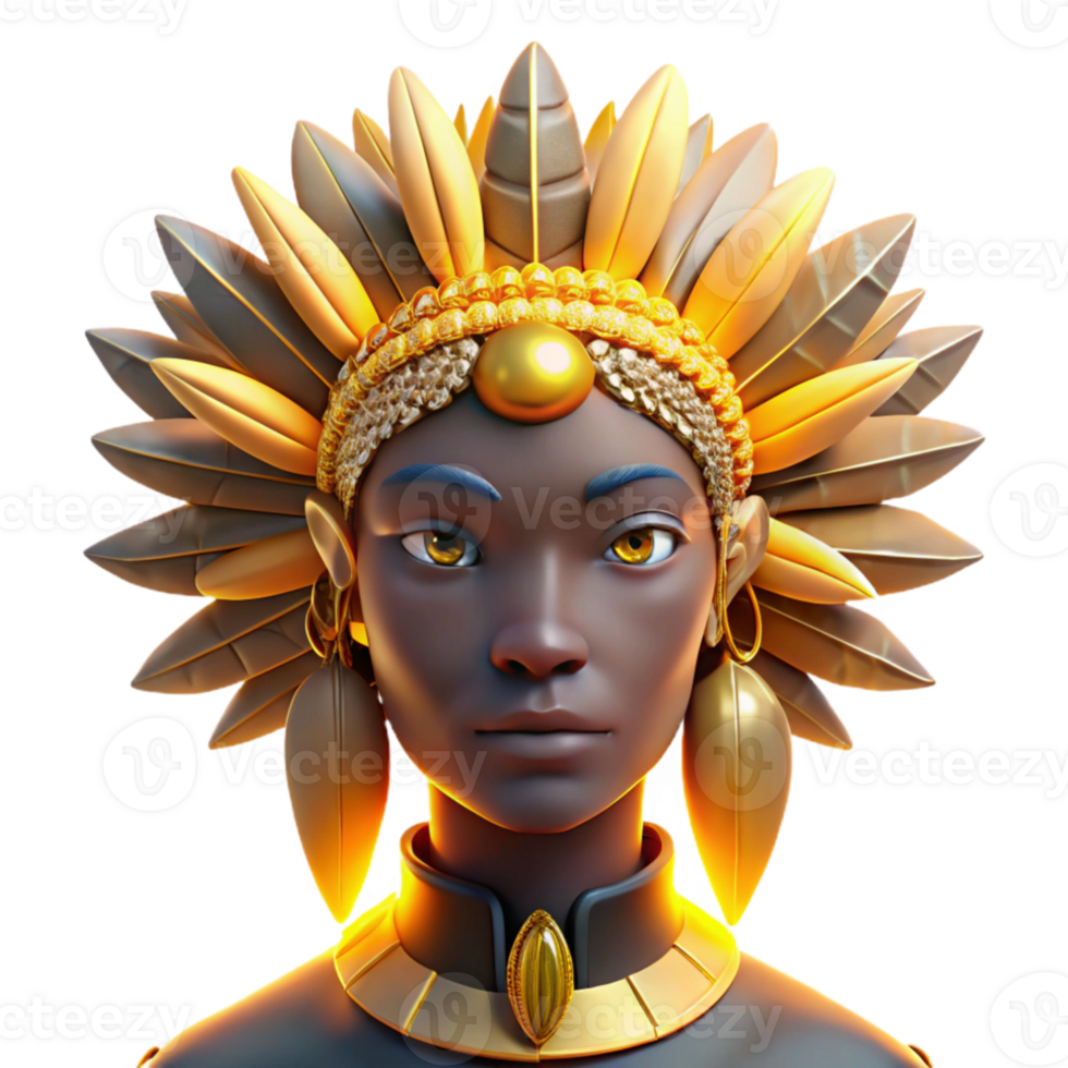 stunning modern Portrait of a person wearing an elaborate headdress made of feathers and beads, lit by warm, golden light, in a tribal art style high resolution png