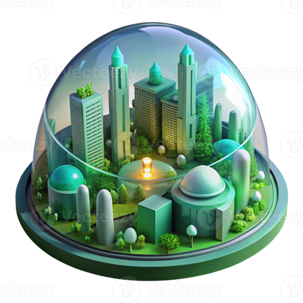 impressive modern A futuristic city built within a giant biodome, lush vegetation and glowing structures, soft green lighting, eco-futurism style 4K png