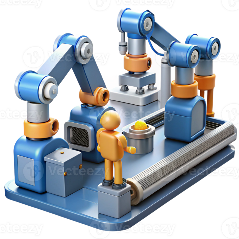 stunning minimalist A group of robots working in a factory, automated assembly line, industrial lighting, photorealistic style professional png