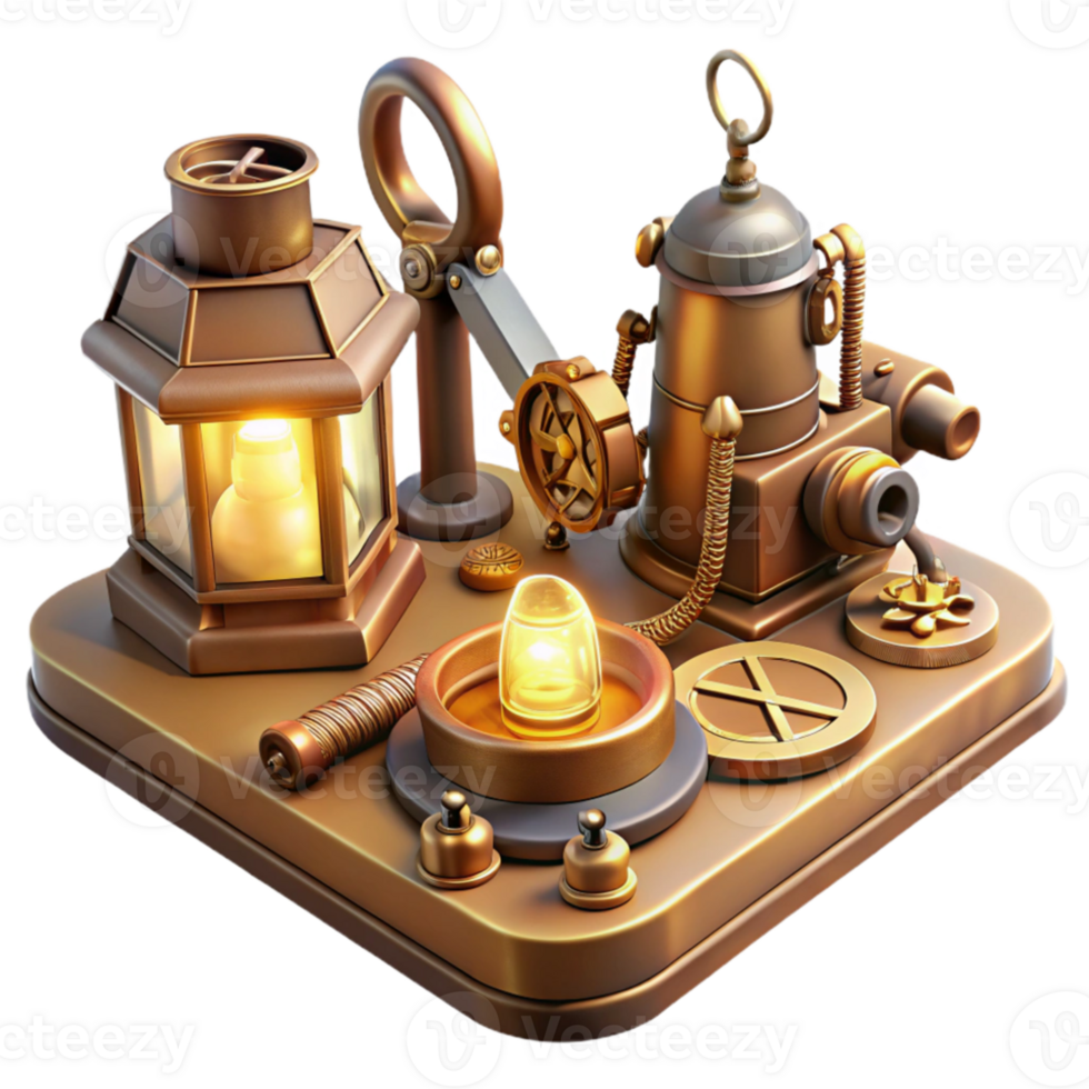 extraordinary rustic A collection of steampunk tools laid out on a workbench, bathed in the warm glow of a workshop lamp. Realistic, detailed lighting. Steampunk concept art 4K png