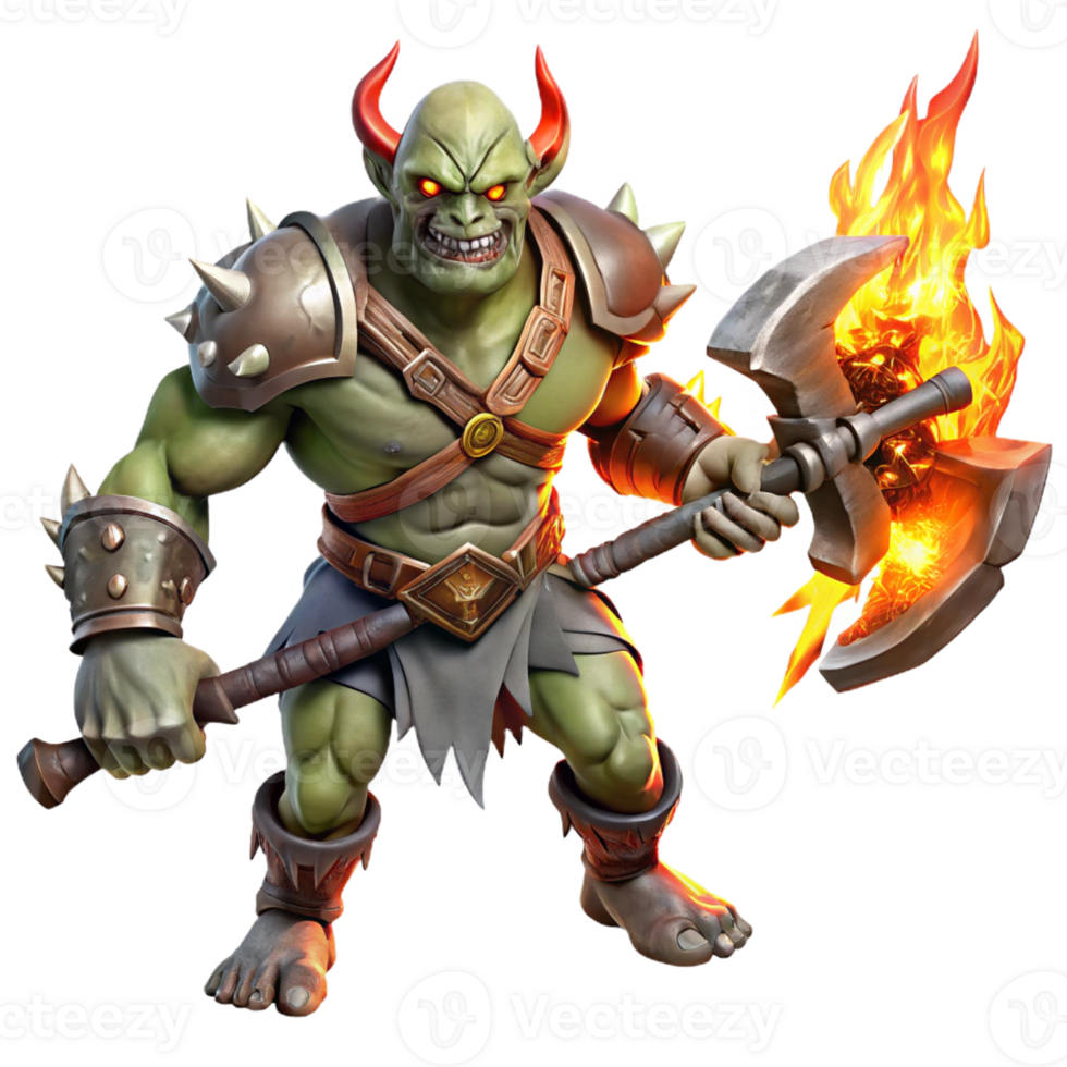 serene artistic A fierce orc warrior wielding a flaming battleaxe, with intricate tribal tattoos and glowing red eyes, dynamic pose, dramatic lighting. Digital painting style original png