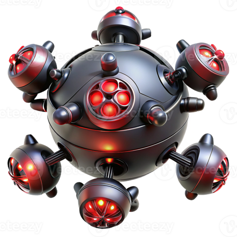 beautiful classic A group of robotic drones, with sleek, black chassis and pulsating red lights, swarm around a colossal, energy-emitting sphere. Dark, cinematic lighting detailed png