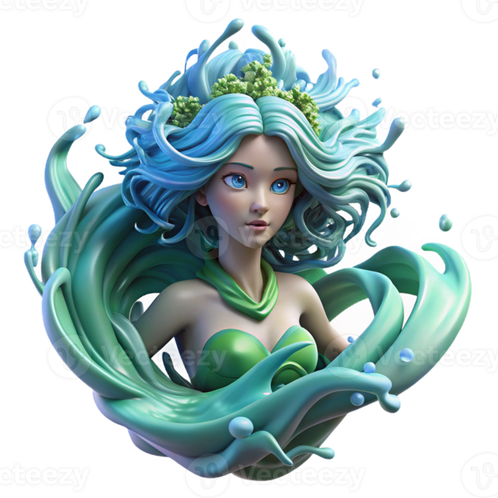 stunning modern A graceful water nymph, with flowing seaweed hair, summoning a swirling vortex of water droplets, illuminated by underwater sunlight. Pre-Raphaelite style premium png