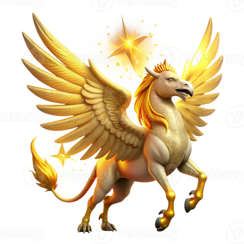 stunning classic A majestic griffin, with feathers of gold and wings of pure light, soaring through a starlit sky, illuminated by the celestial glow. Mythological painting style genuine png