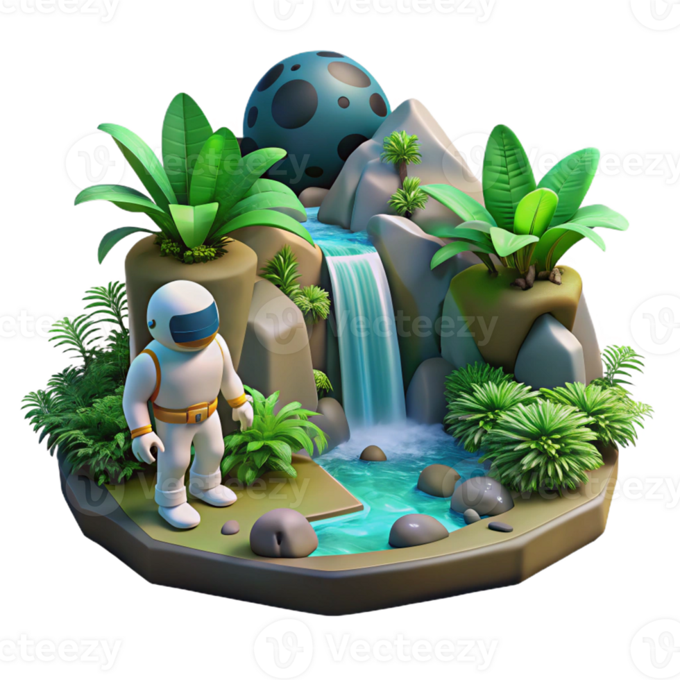 extraordinary abstract A space explorer discovering a hidden waterfall on a jungle planet. Lush, vibrant, natural lighting 4K png