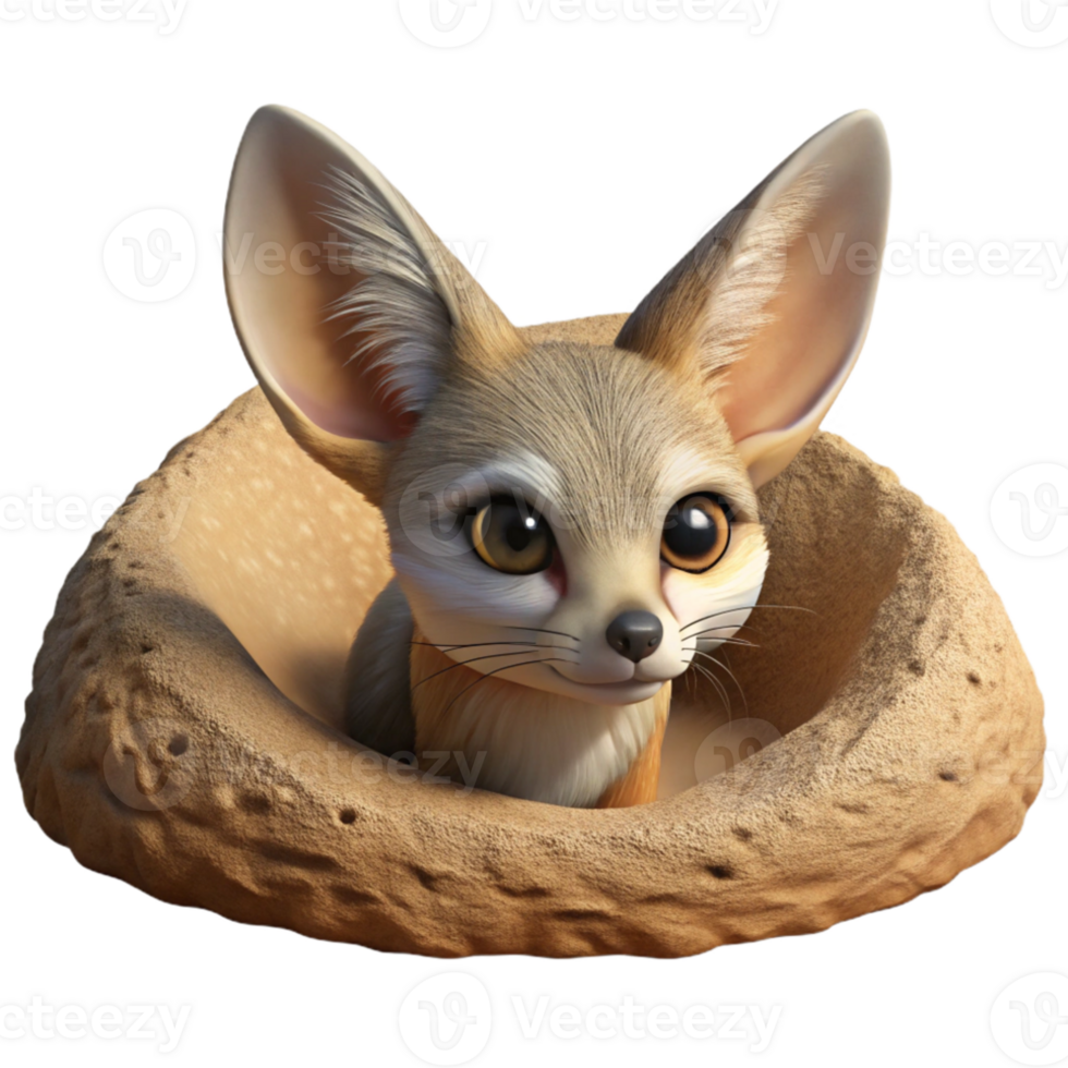 extraordinary rustic A curious Fennec fox peering out from its burrow in the desert sand, under the harsh midday sun, in a detailed, wildlife photography style detailed png