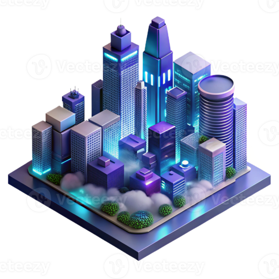 serene modern A futuristic cityscape at night, towering skyscrapers piercing the clouds, neon signs illuminating the rain-slicked streets below, cyberpunk style, isometric view exclusive png