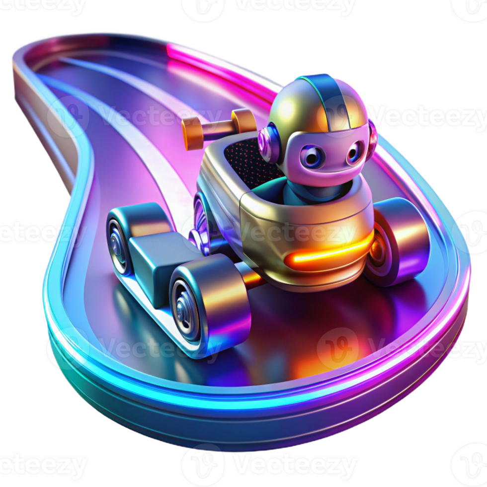 wonderful modern A robot racing car speeding around a futuristic track, lit by colorful neon lights and speed trails in a racing game style genuine png