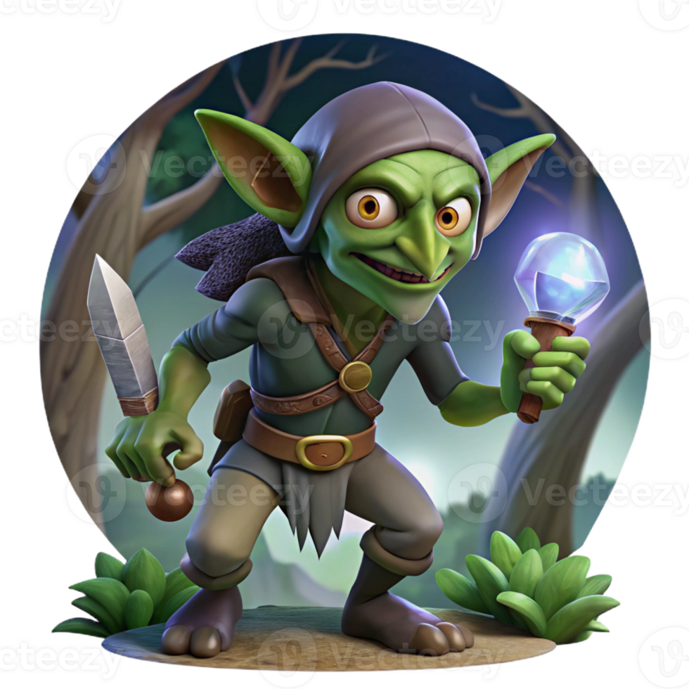 extraordinary abstract A cunning goblin rogue sneaking through a moonlit forest, clutching a stolen jewel-encrusted dagger. Dark, mysterious lighting. Digital art style authentic png