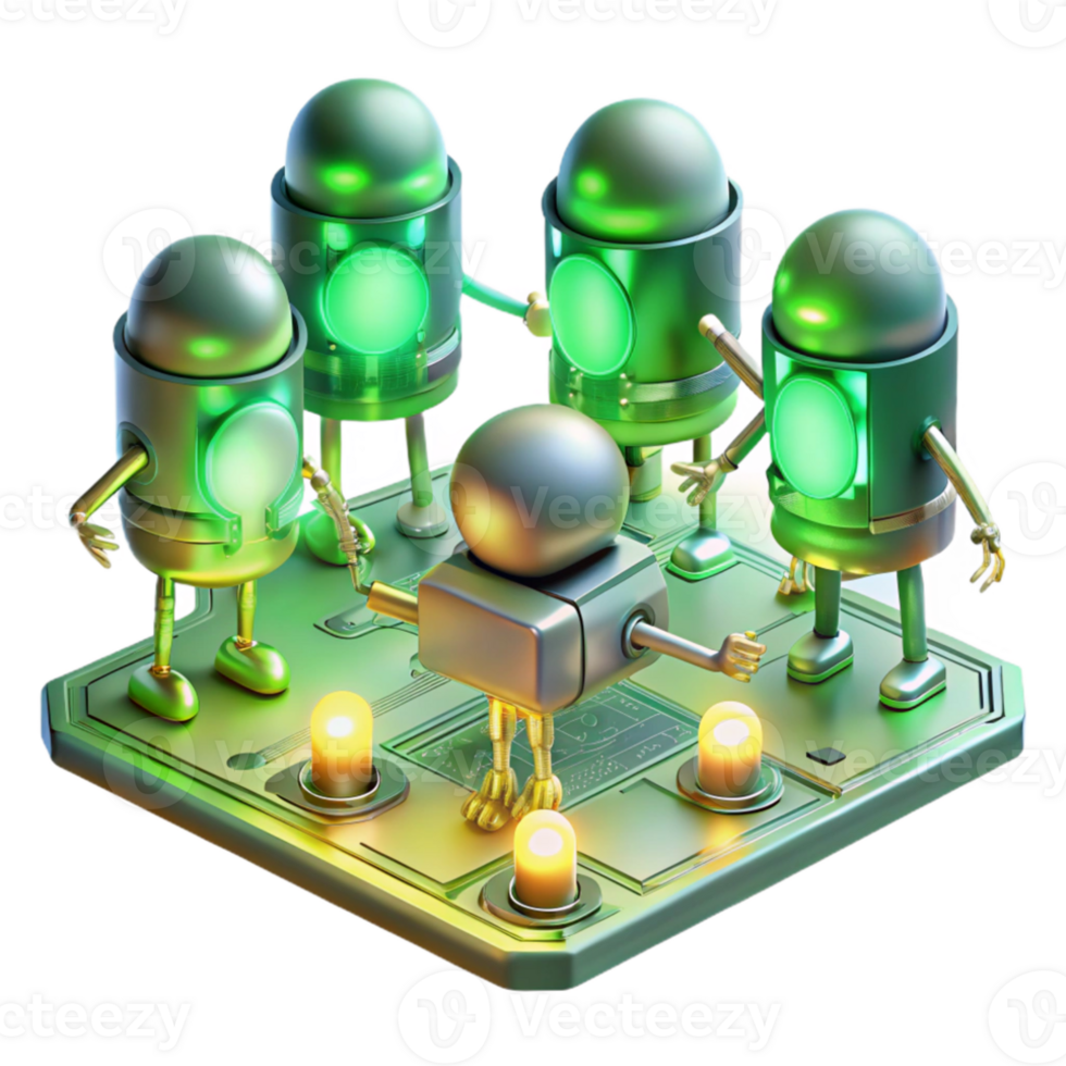 beautiful traditional A group of nanobots repairing a damaged circuit board, glowing with a soft green light, lit by a focused, microscopic light. Nanotech style detailed png