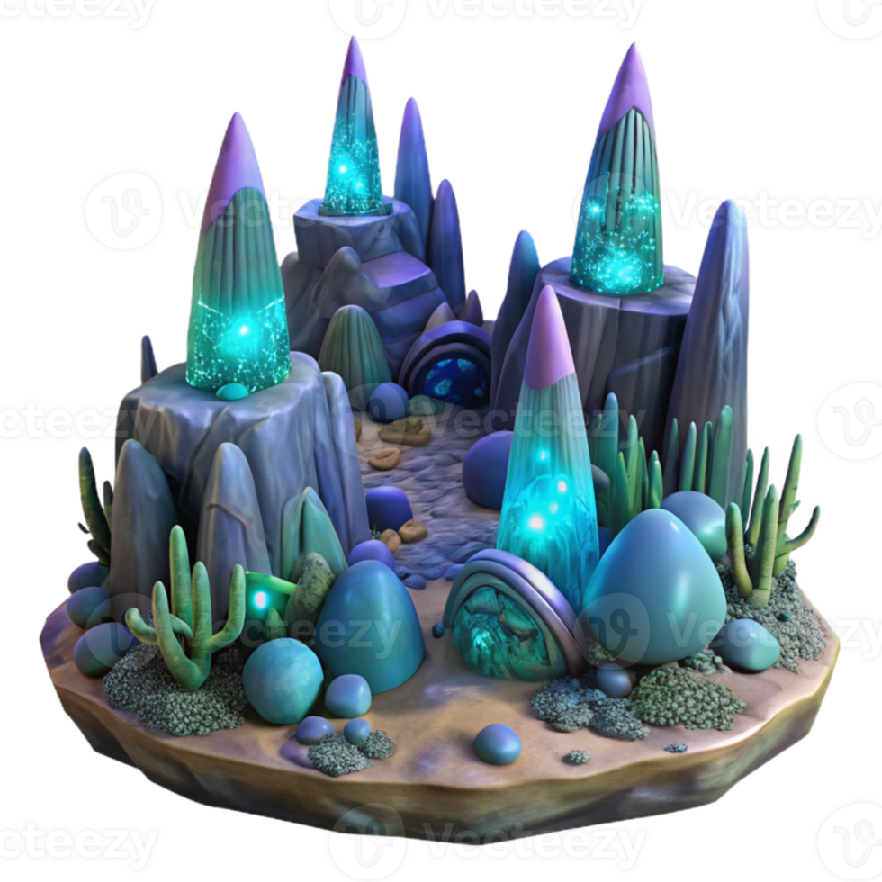 serene rustic An alien landscape with strange rock formations and glowing plants, otherworldly and mysterious lighting, digital painting authentic png