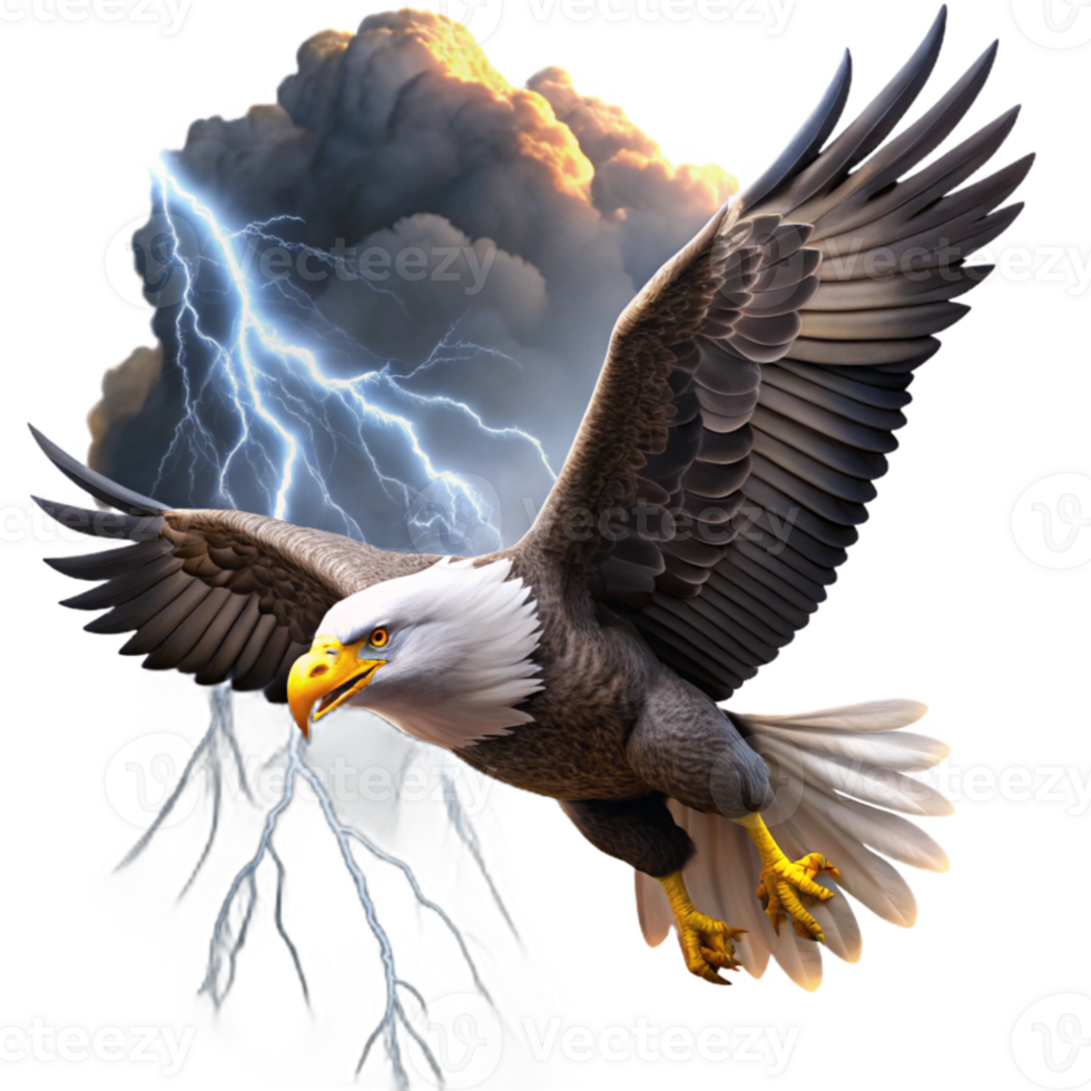 vibrant abstract A majestic bald eagle soaring through a stormy sky, lit by dramatic lightning, in a dynamic, realistic style premium png