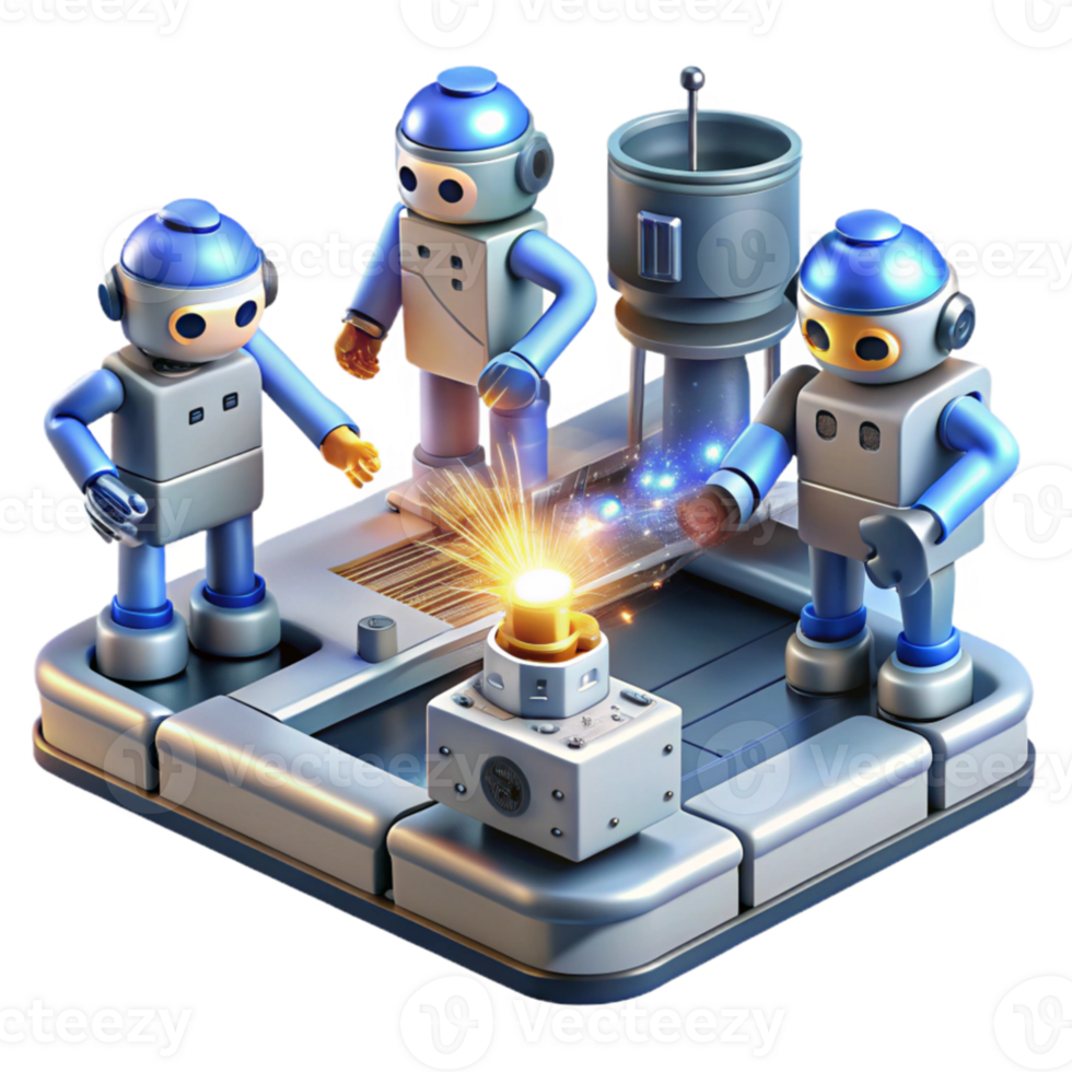wonderful modern A group of robots working in a futuristic factory, sparks flying, industrial lighting, detailed machinery high resolution png