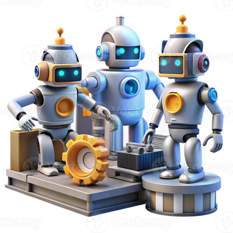 dramatic traditional A group of robots, with diverse designs and functions, work together in a futuristic factory. Industrial lighting 4K png