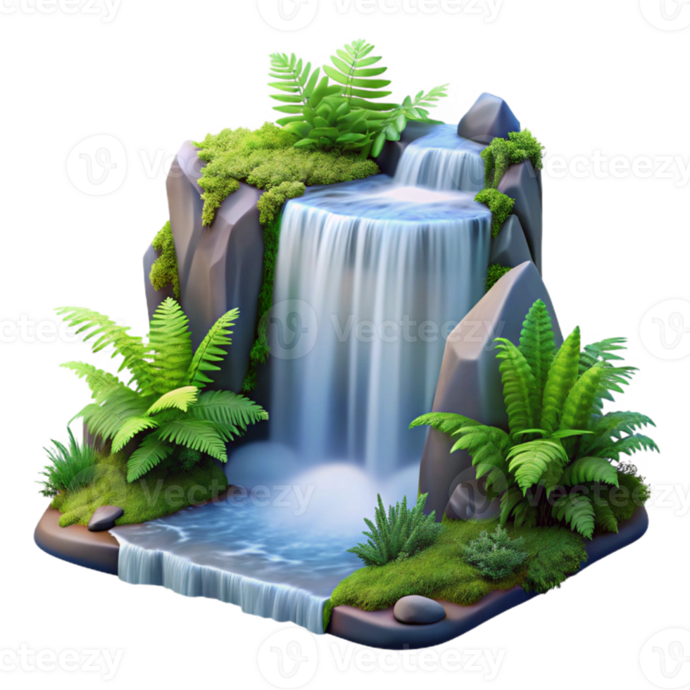 dramatic rustic A cascading waterfall surrounded by lush green ferns, long exposure photography, serene and peaceful high resolution png