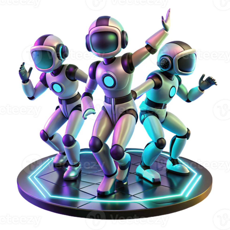 serene contemporary A group of robotic dancers, moving in perfect synchronization, on a stage with dynamic, shifting light patterns. Synthwave style authentic png