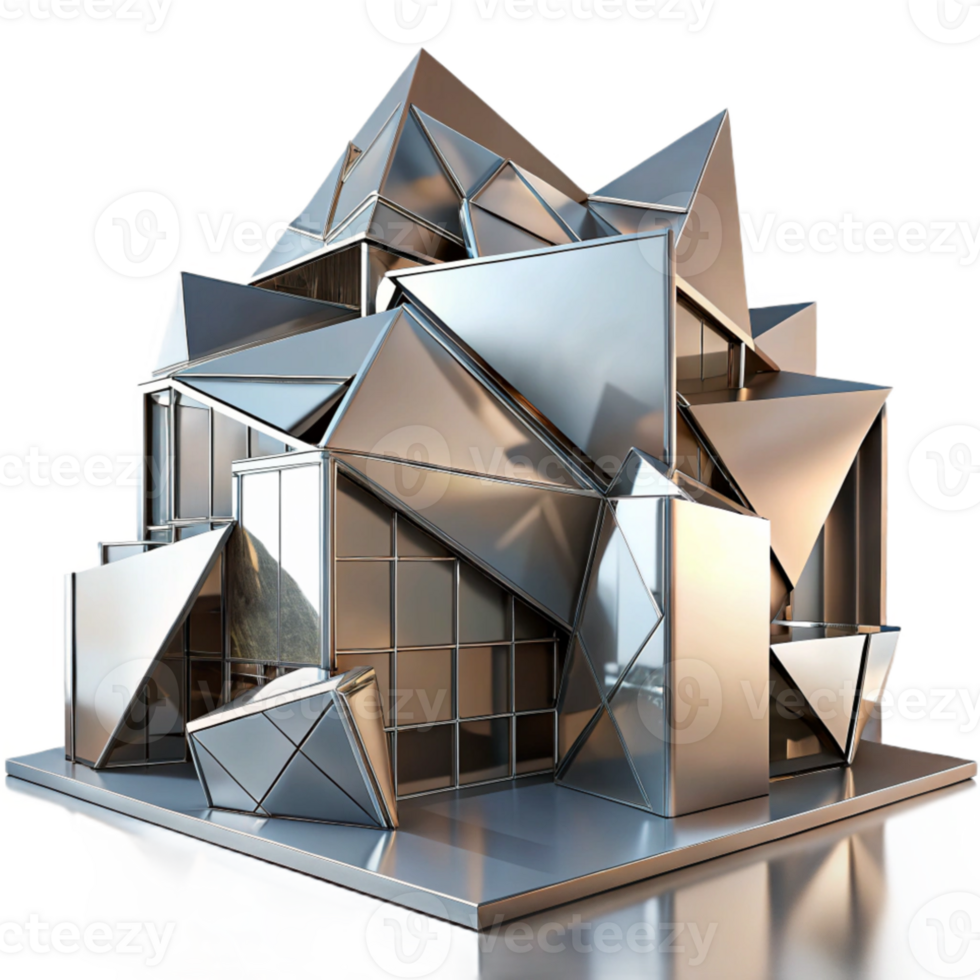 serene vintage Deconstructivist building, fragmented forms, sharp angles, metallic surfaces, dramatic shadows, abstract art high quality png