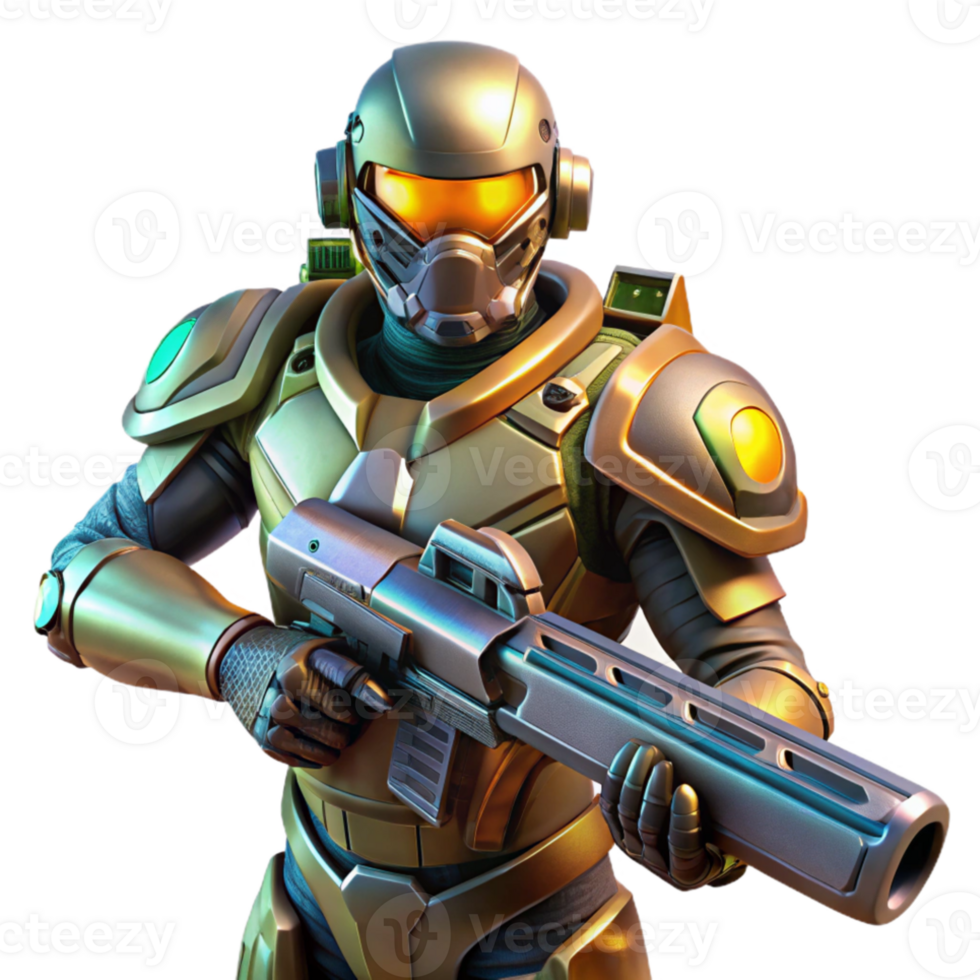 elegant vintage A futuristic soldier in power armor, holding a plasma rifle, dramatic lighting, dynamic pose premium png