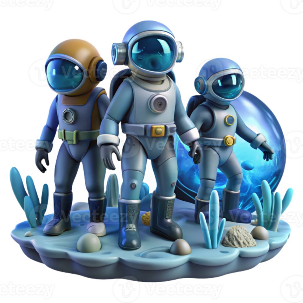 serene classic A group of space explorers in futuristic diving suits explores the depths of an alien ocean. Underwater lighting, exploratory style detailed png