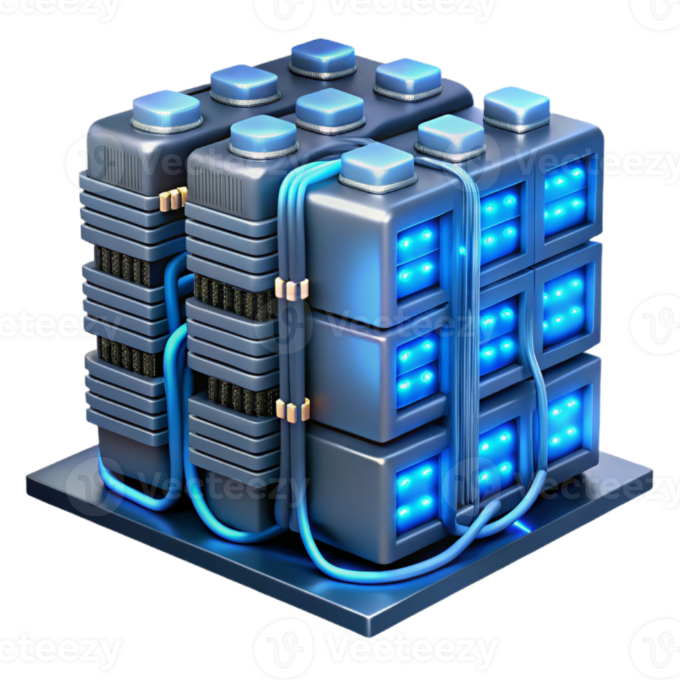 vibrant vintage A server farm with rows of blinking servers and tangled cables, bathed in the cool, blue light of LEDs. Industrial, cyberpunk style exclusive png