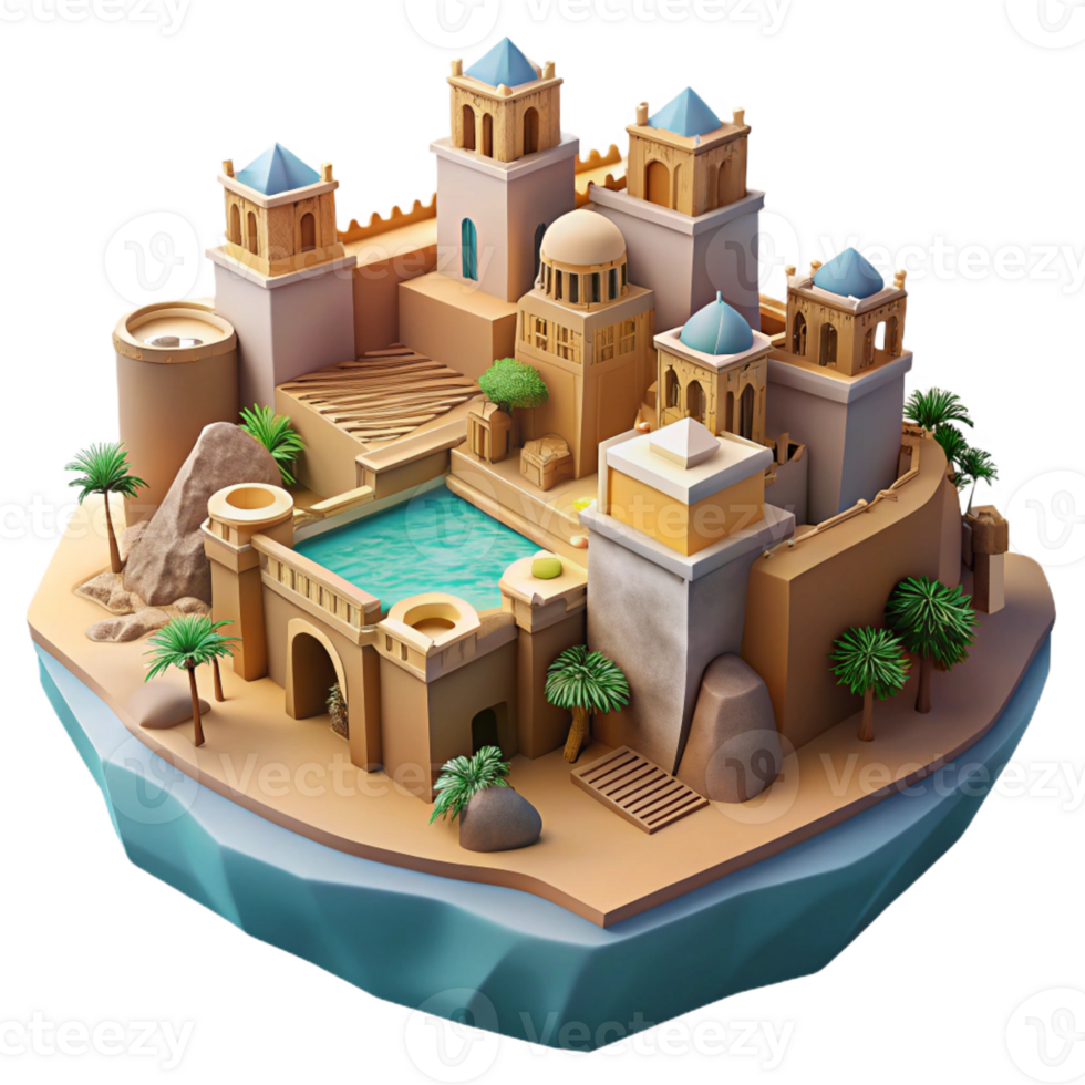 dramatic minimalist Desert oasis city, sandstone buildings carved into cliffs, midday sun, turquoise pools, Moorish architectural influences exclusive png