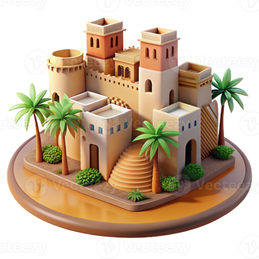 impressive minimalist Desert oasis city, adobe buildings, palm trees, intense sunlight, Middle Eastern architecture, photorealistic, professional png
