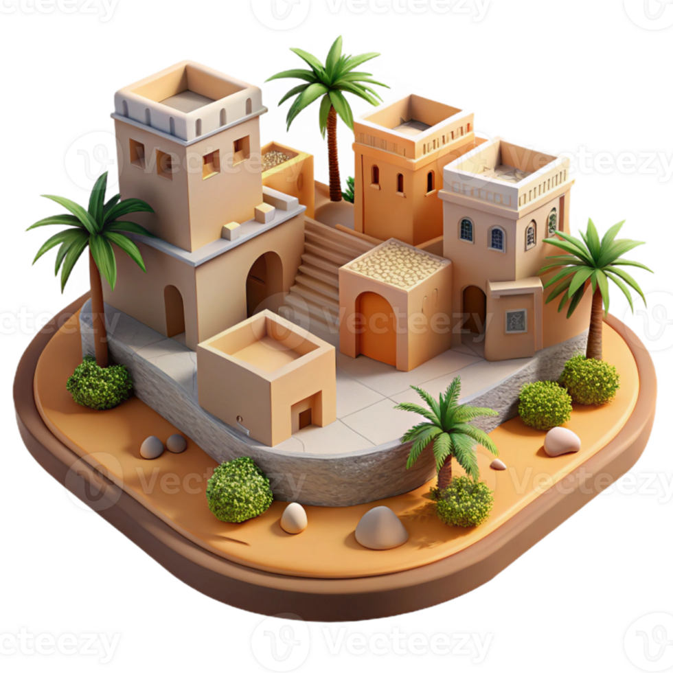 elegant abstract Desert oasis city, adobe buildings, palm trees, intense sunlight, Middle Eastern architecture, photorealistic, premium png