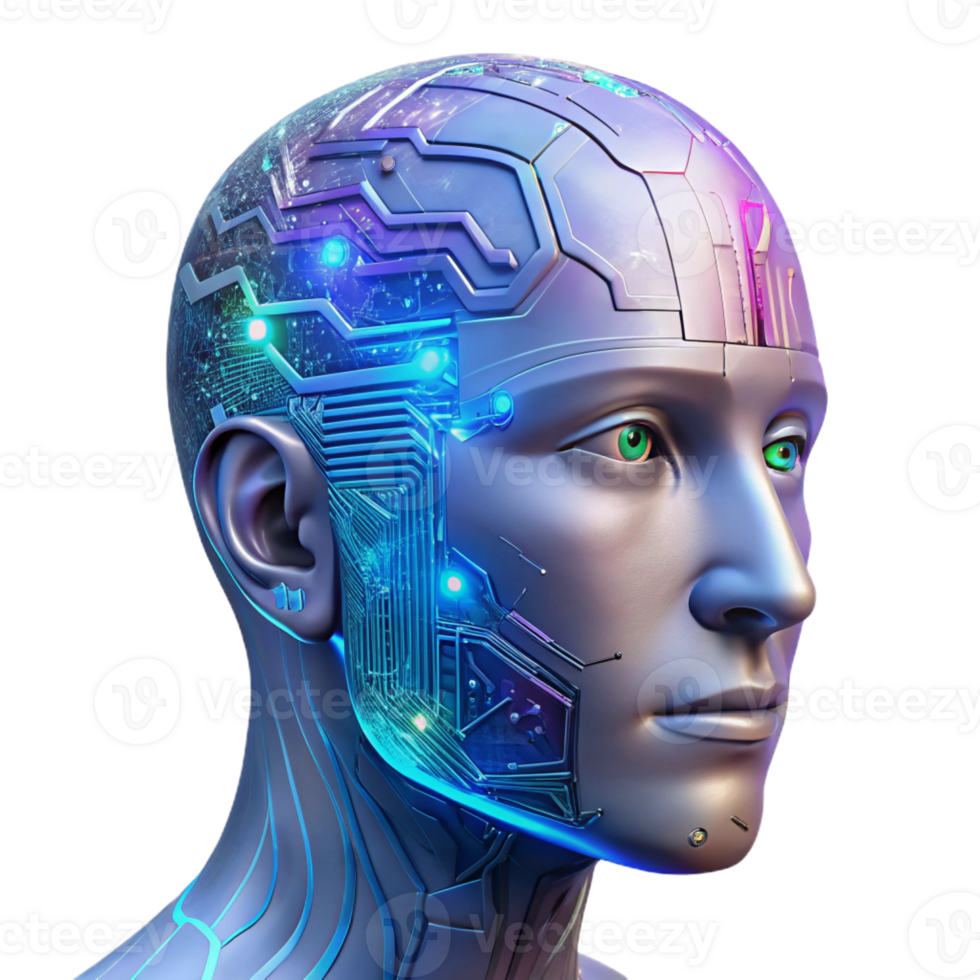 stunning abstract A transparent human head filled with intricate circuitry and data flow, cyberpunk aesthetic, neon lighting professional png
