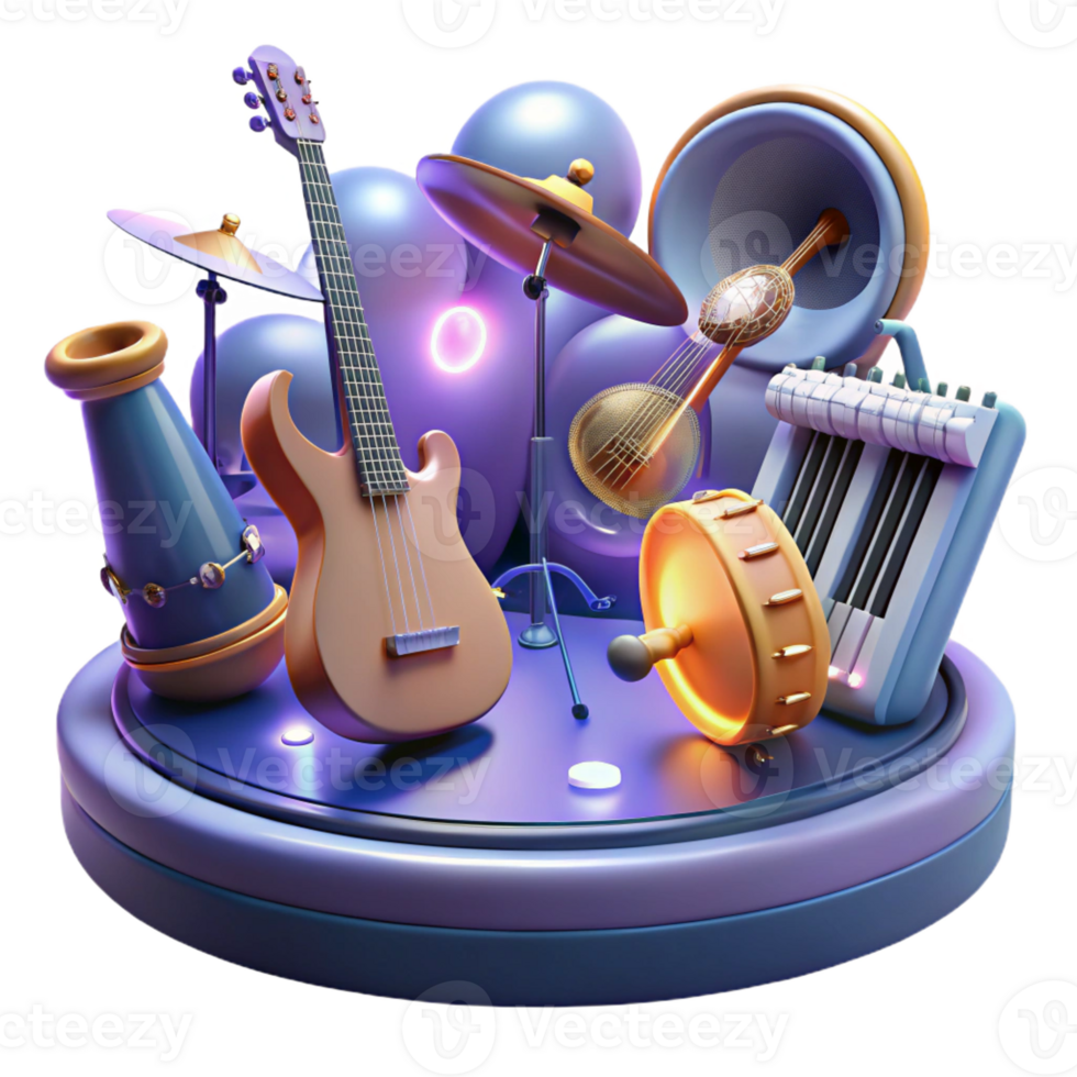 dramatic vintage A group of floating musical instruments playing themselves, illuminated by stage lighting. Surrealism style genuine png