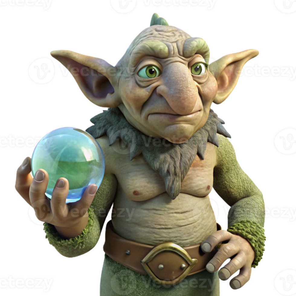 vibrant minimalist A wise old troll, with skin of granite and moss, holding a glowing crystal ball, in a dark cave lit by bioluminescent fungi. Digital art style high quality png